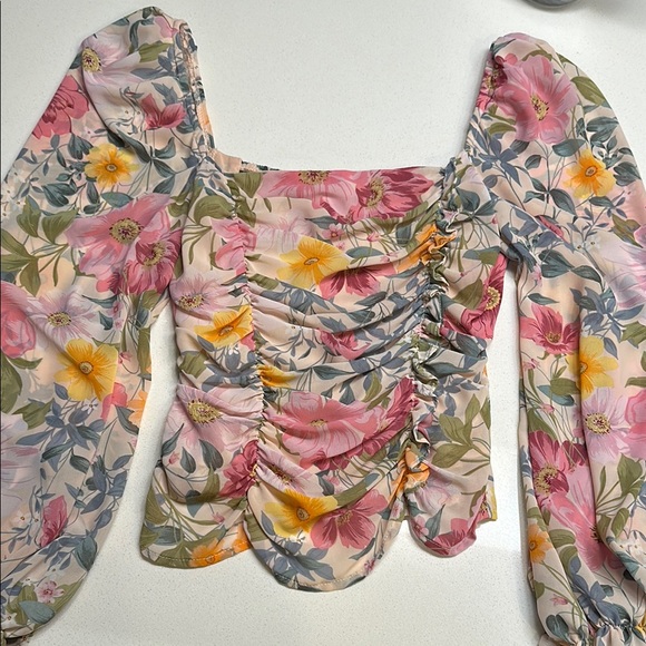 Astr Tops - ASTR Floral Ruched Square-Neck Women’s Top - Pink Multi